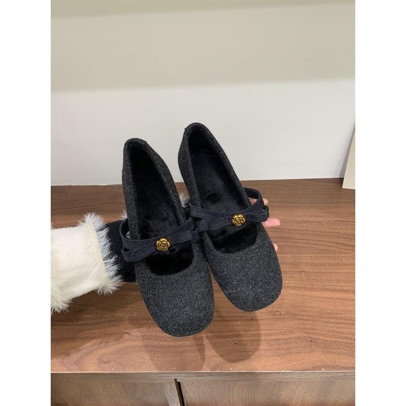 Xiaoxiangfeng Innensohle Erhöhung Mary Jane Schuhe Damen Herbst und Winter Runde Spitze Samt Warm Dicke Sohle Beanie Damenschuhe