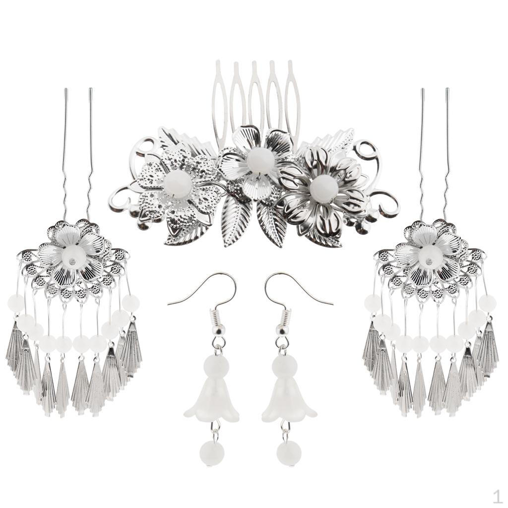

1 Шпилька-гребінець з підвісками, сережки, китиці, намистини, стародавній китайський косплей, шпилька для волосся, набір сережок білий