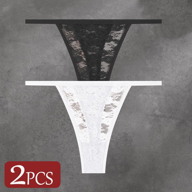 FINETOO 2 Stück/Set Damenunterwäsche Spitze Durchsichtige Unterhosen Sexy Atmungsaktiv Ausgeschnitten G-String Tanga Damen Niedrige Taille Sexy Dessous