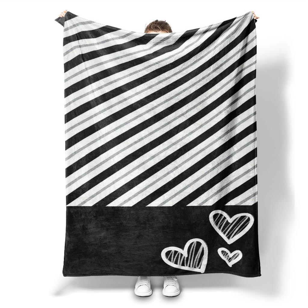 Black & White Stripe Flannel Throw Blanket – Charming Heart Design, Soft Cozy Fleece for Home, Office, Sofa & Car All-Season Use