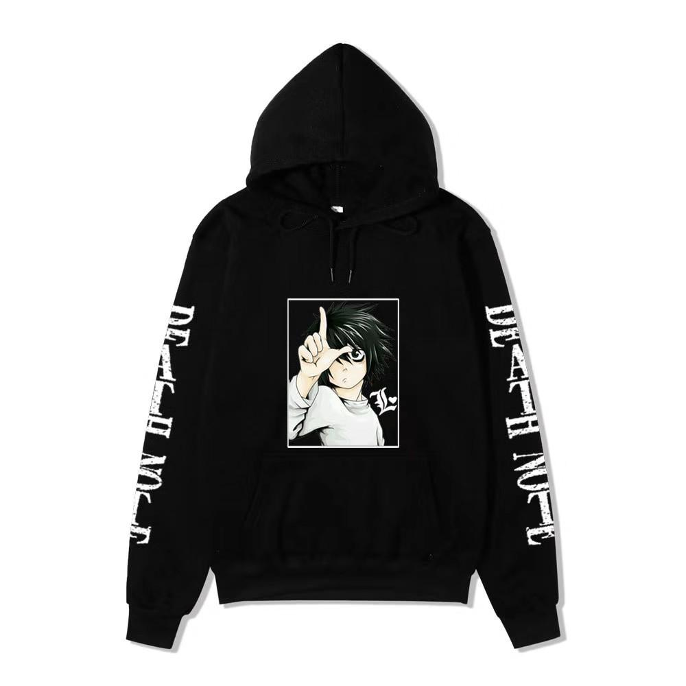 Men Women Fleece Hoodie Death Note L Portrait Two Sleeve Vertical White Text Anime Casual Hooded Sweatshirt