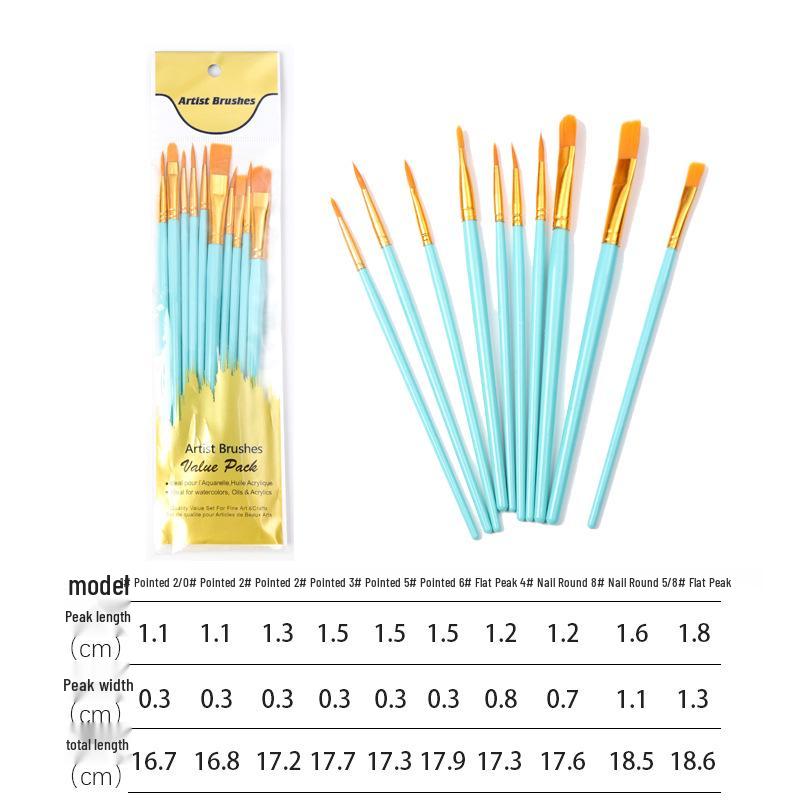 10-Piece Nylon Brush Set for Oil, Gouache, Watercolor, and Acrylic Painting