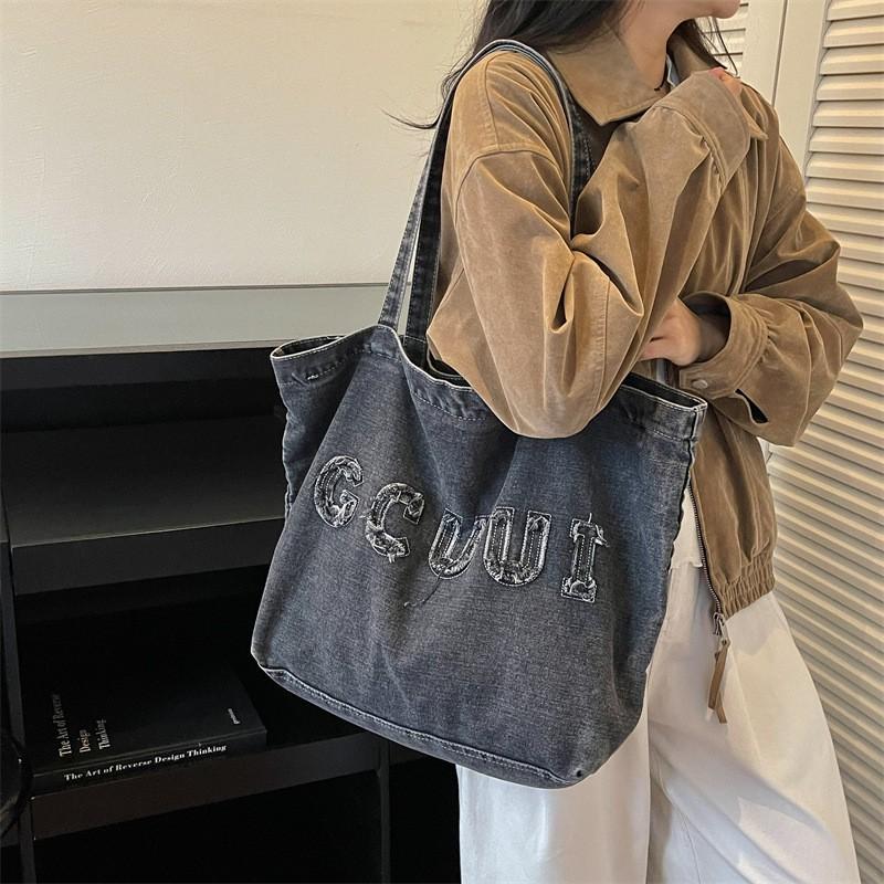 Denim Tote Bag Women Large Capacity Shoulder Handbag Urban Chic Canvas Daily Use