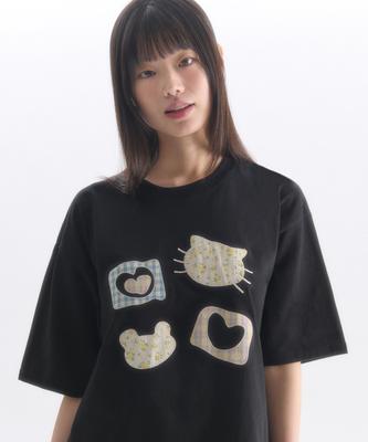 AMBLER Meow Bear Applique Embroidery Short Sleeve T-Shirt As1309 (Black)