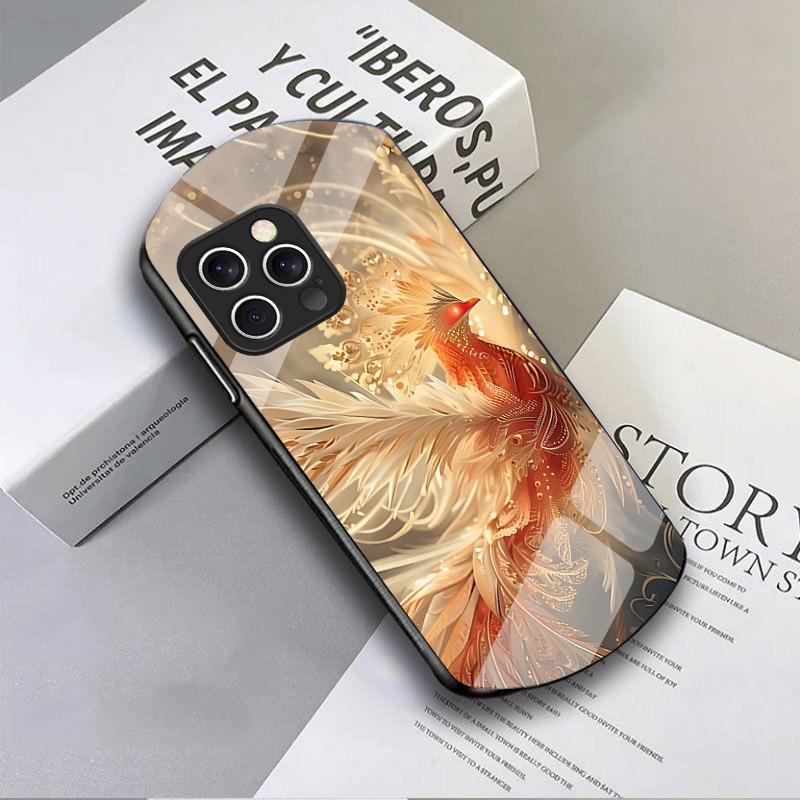Golden Phoenix Unfolding For IPhone 16 Pro Max 16e 15 Pro 14 13 12 Mini 11 XS Max XR 7 8 Plu SE 22 Elliptical Glass Phone Case