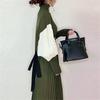 YUANYUAN Knit Winter Long Glue Puff Voluminous Loose Winter Sizes Women's Dress, Pleated, Wear, Length, Neck, Sleeves, Color-Matching, Ribbon,