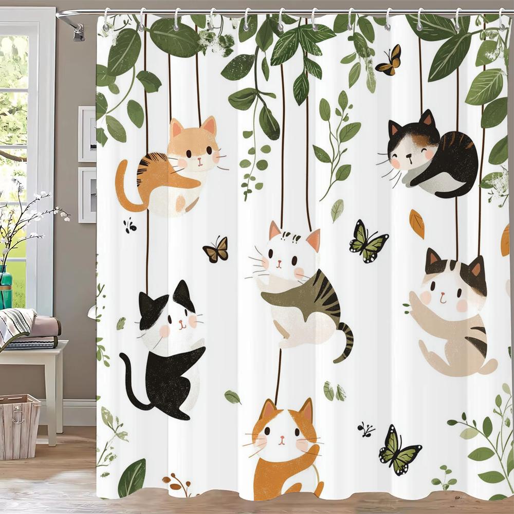Cartoon Cat Shower Curtain, Plant leaves Bathroom Decorative Shower Curtain, Printed Fabric Home Curtain with Hooks