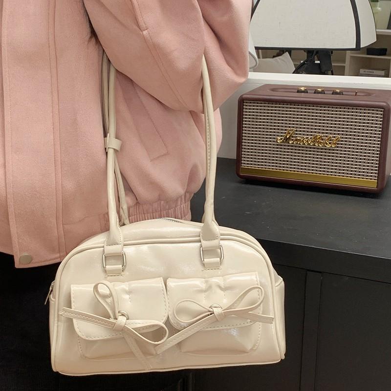 Bow One-shoulder Underarm Bag for Women New Black Textured Hand-held Bowling Bag Fashionable Commuting Bag