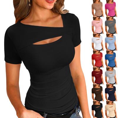 Women's Summer Fashion Color Irregular Slim Short Sleeve T-Shirt Knit Top