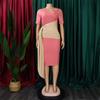 Pleated Strap Clothing Summer Short Color Matching Large Size Women's Sleeve Diagonal Collar Sheath Dress