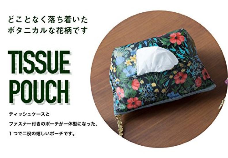 Cyalel Yahata Tissue Makeup Pouch with Stylish Floral Wildflower Made in Black Boat-Shaped Pouch, Pocket, Print, Design, Japan,