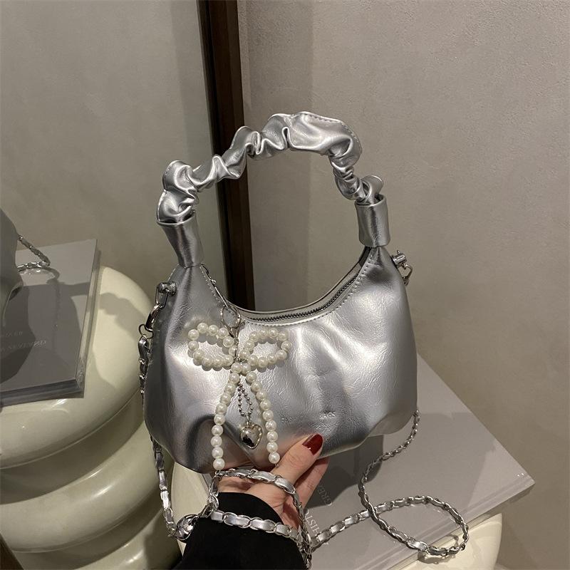 2025 New Fashion Temperament Single Shoulder Bow Messenger Bag Simple Trend Chain Pleated Bag Women's High Sense