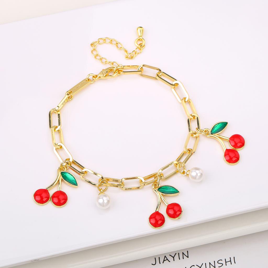 17 Colors Gold Plated Fruit Cherry Crystal Zirconia Adjustable Pearl Bracelet Luxury for Women Girls Casual Daily Party Jewelry