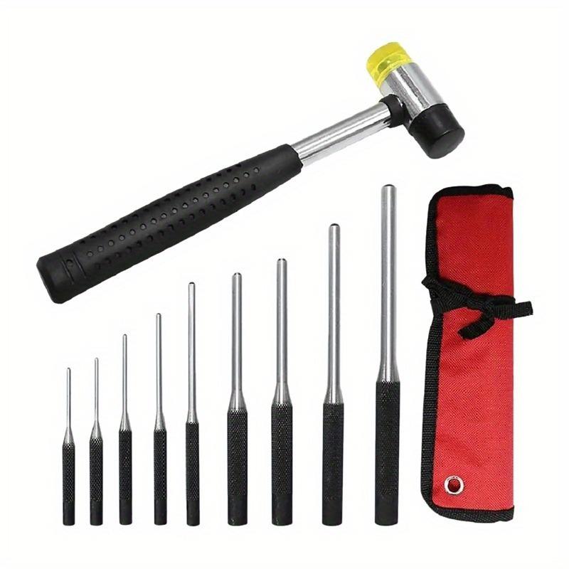 9Pcs Pin Punch + 25MM Rubber Double Sided Hammer Heavy Duty Rolling Pin Punch Set Double Sided Hammer with Retainer Gun Repair