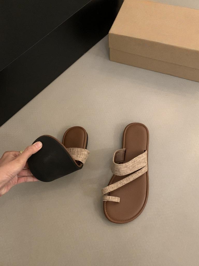 Flat-bottomed linen slippers women's shoes outer wear 2025 new summer jacket toe sandals holiday beach seaside sandals