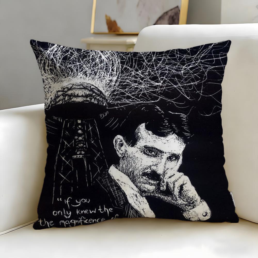 classic scientist Nikola Tesla Cushion Cover Soft EasyWash Pillow Case Versatile for Couch Bed Travel and Office