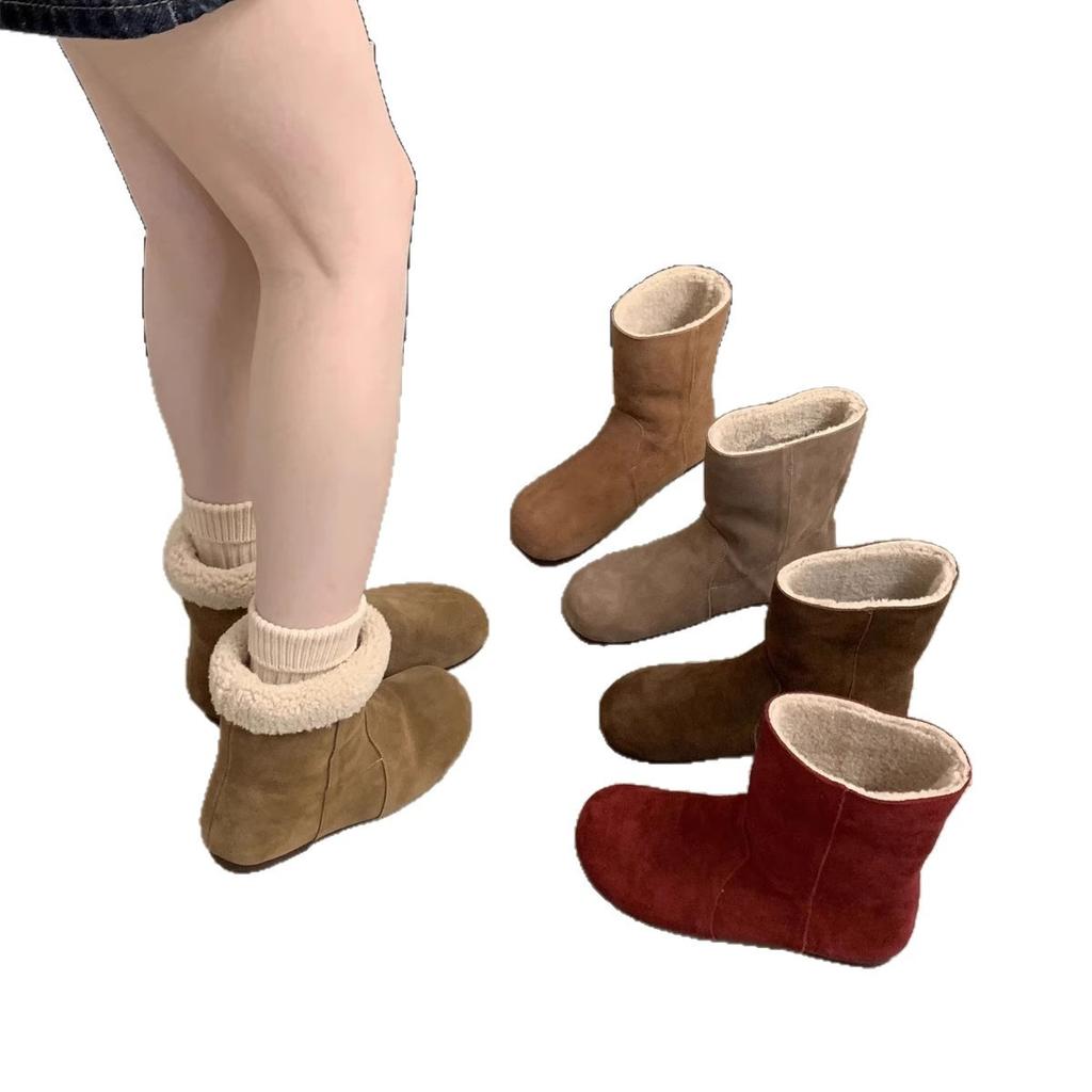 Two-wear leather snow boots women's winter 2025 new Mori retro lamb wool short boots velvet cotton shoes