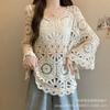 Women's White Crochet Lace Top Long Bell Sleeve Hollow Out Knit Blouse