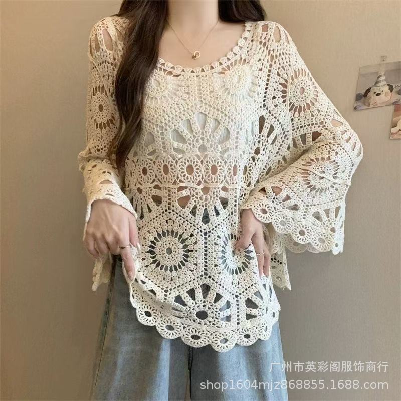 Women's White Crochet Lace Top Long Bell Sleeve Hollow Out Knit Blouse