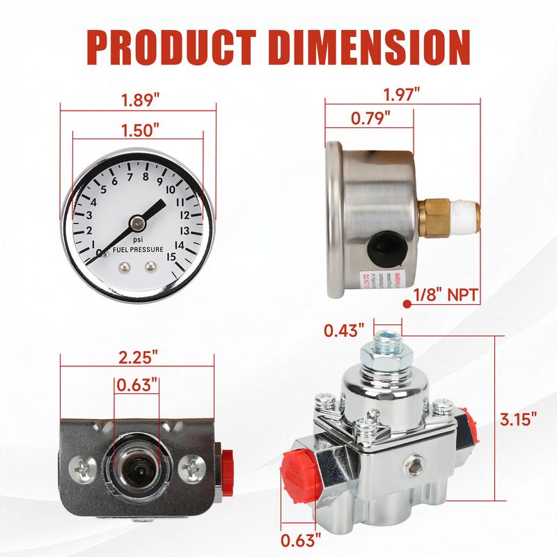 12-804 Fuel Pressure Regulator Carburetor with Gauge Kit 1-4 PSI 3/8IN NPT Port 1-IN&2-OUT Compatible with Holley and Edelbrock