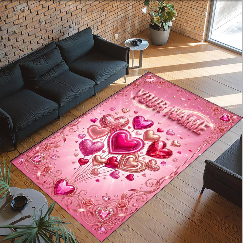 Hearts Theme Crystal Velvet Floor Rug Personalized Custom Name Text Warm Carpet Home Decoration