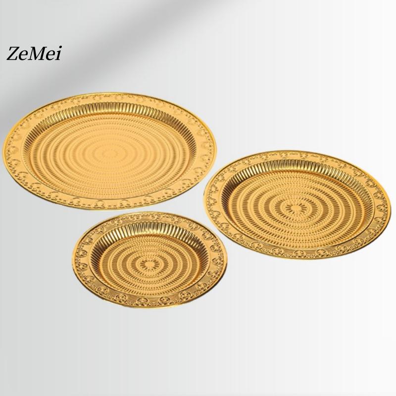 Round Fruit Plate,European-Style Exquisitely Carved Ripple Texture Metal Cake Tray,Dessert Living Room Snack Plate Decoration