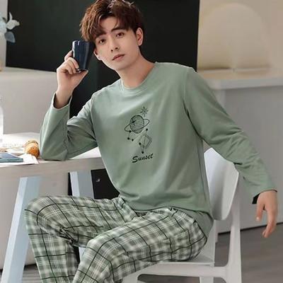 Yousheng 2-teiliges Pyjama-Set für Herren, Rundhalsausschnitt, langärmelig, gestreiftes Oberteil mit Druck, elastische Taille, lange Hosen, Home-Lounge-Wear-Set