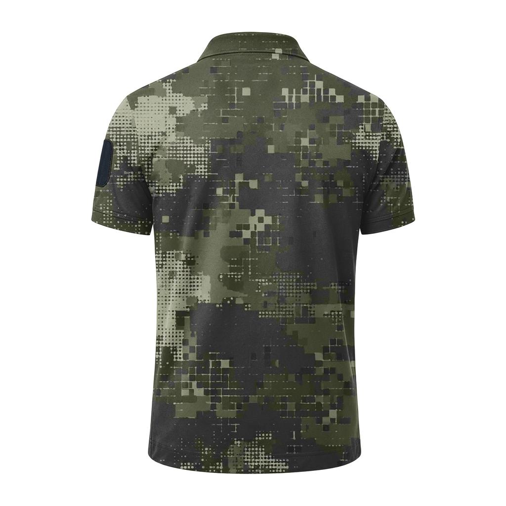 Men Tactical Polo Shirt with Hook and Loop Patch Short Sleeve Digital Print Turn Down Collar Loose Fit Outdoor Quick Dry Top