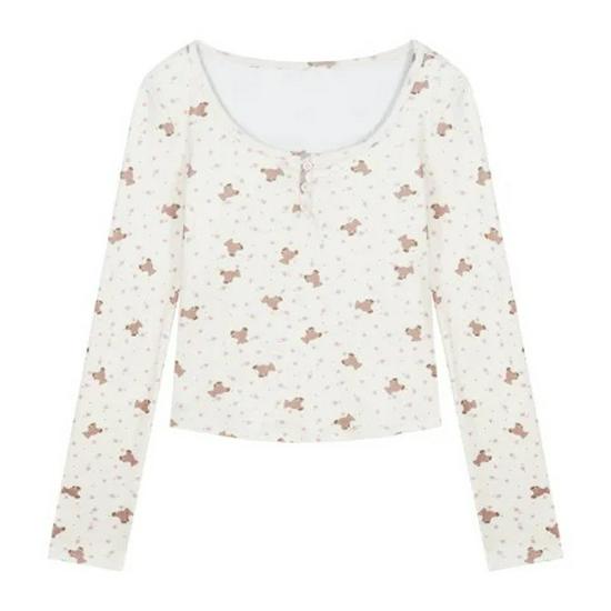 

Женский облегающий топ из немецкого бархата с длинными рукавами и принтом медведя, с теплой подкладкой для осени и зимы. L