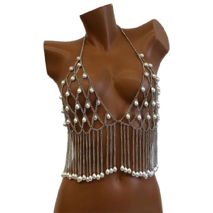 Adjustable Length Pearls Fringe Body Chain Sophisticated Body Jewelry Pearls Tassels Chest Chain For Special Occasions L