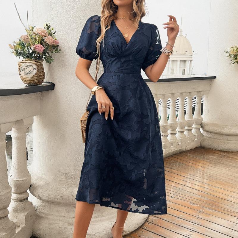 Spring/summer Women's Short-sleeved V-neck High-waisted Vintage Elegant Dress