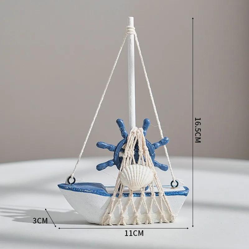 1pc Mini Mediterranean Nautical Wooden Blue Sailing Boat Wood Craft Ornament for Home & Party Decoration