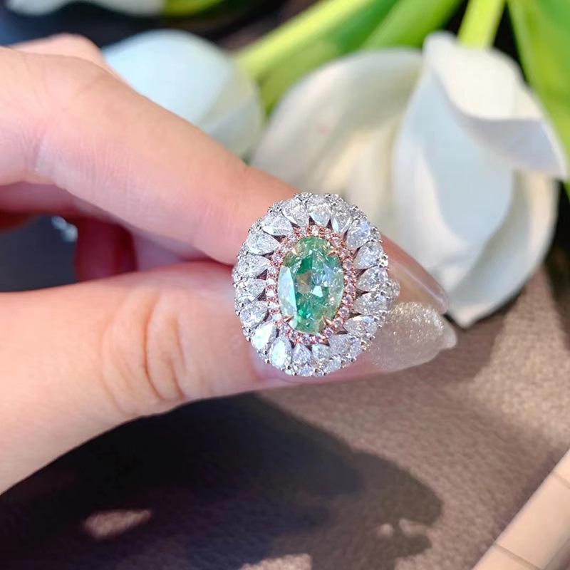 Lulu Tong 2 Carat Oval Green Diamond s925 Silver Ring, Natural Diamond, Elegant European & American Style.