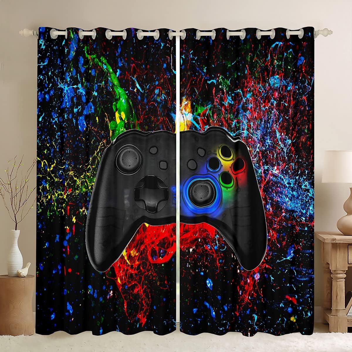 

2-панельный черный контроллер для видеоигр с принтом занавеска для мальчиков, детей, спальни, игровой комнаты, жалюзи, оконная люверса, верхние шторы Milled cotton fabric&Rod Pocket