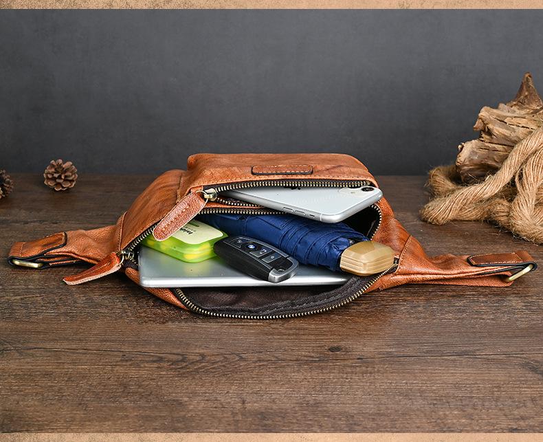 Vintage Chaozhou Hand-Colored Leather Fanny Pack: Retro Genuine Leather Chest Bag with Multi-Pocket Phone Holder