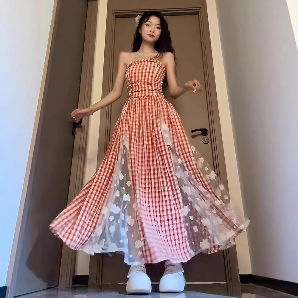 Holiday Style Plaid Splicing Lace Tube Top Dress Women's Spring and Summer New Retro French Waist Dress