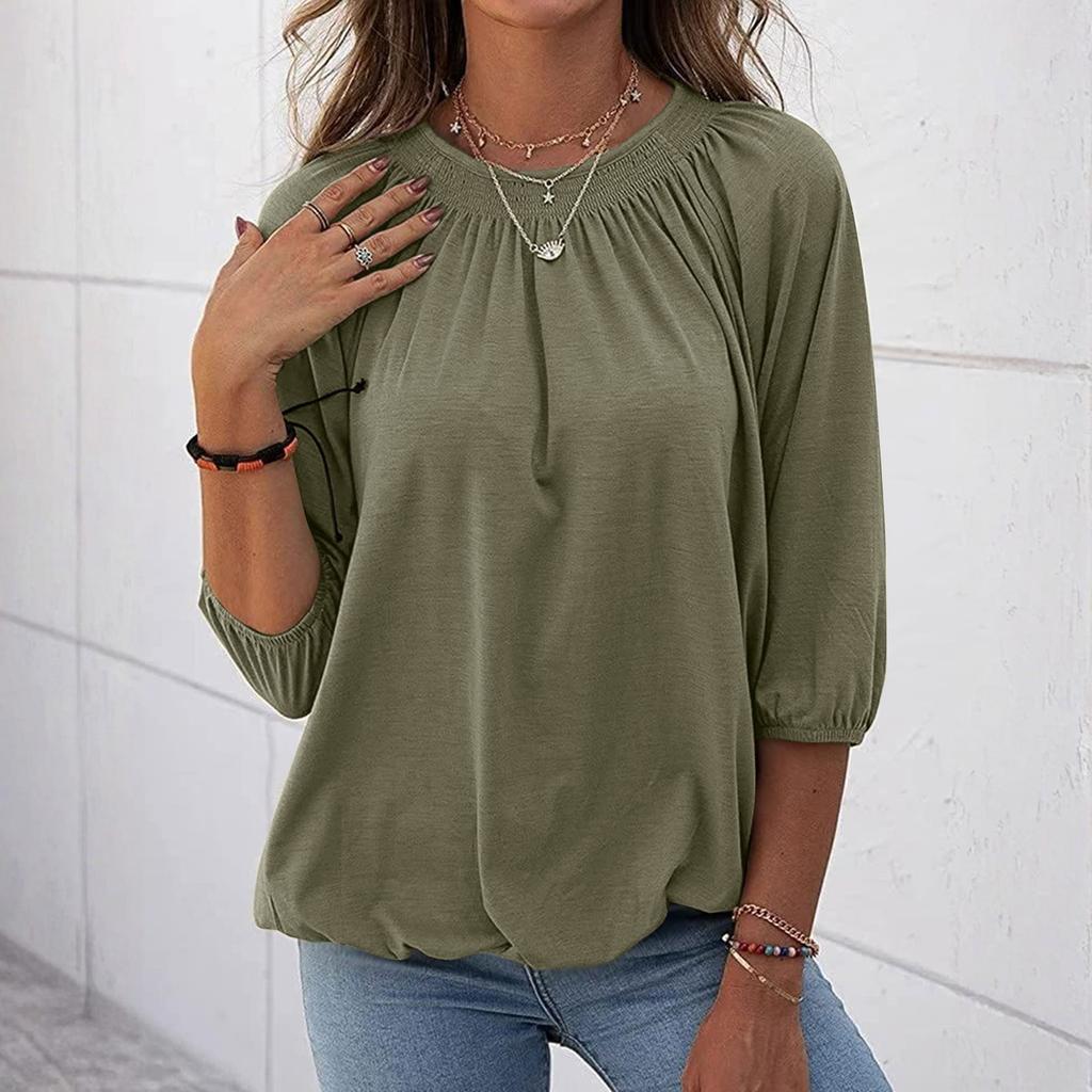 Women's Solid Color Round Neck T-Shirt Shirt Half Sleeve 3/4 Sleeve Casual Loose Pleated Basic Tops