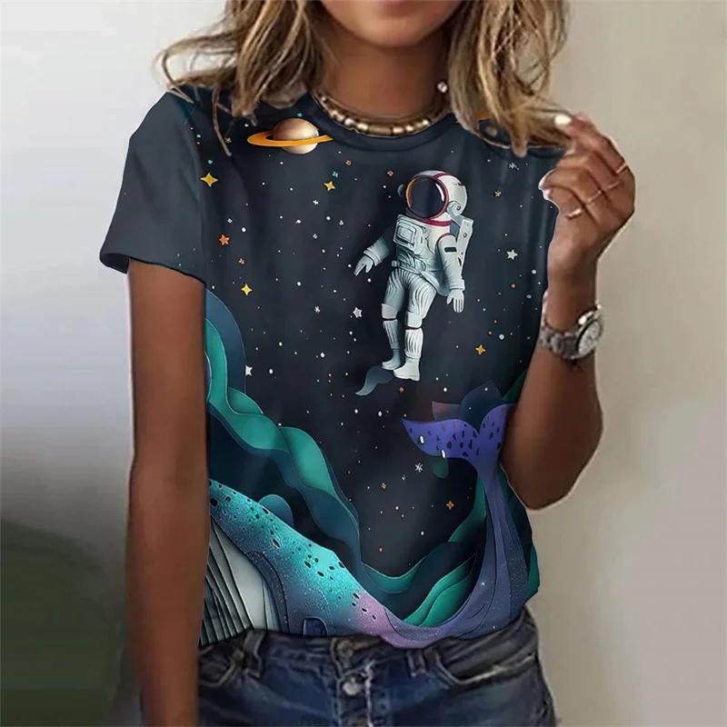 Colorful Planet Pattern T-shirt For Women Astronaut Rocket 3d Print T Shirts Summer Fashion Street Tees Short Sleeves O-neck Top