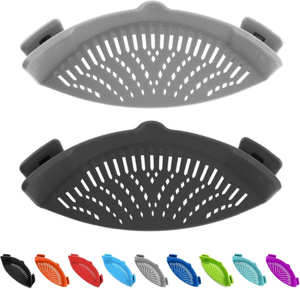 2 Pcs Silicone Clip on Strainer for Pasta Meat Vegetables Fruit, - Fit All Pots and Bowls.