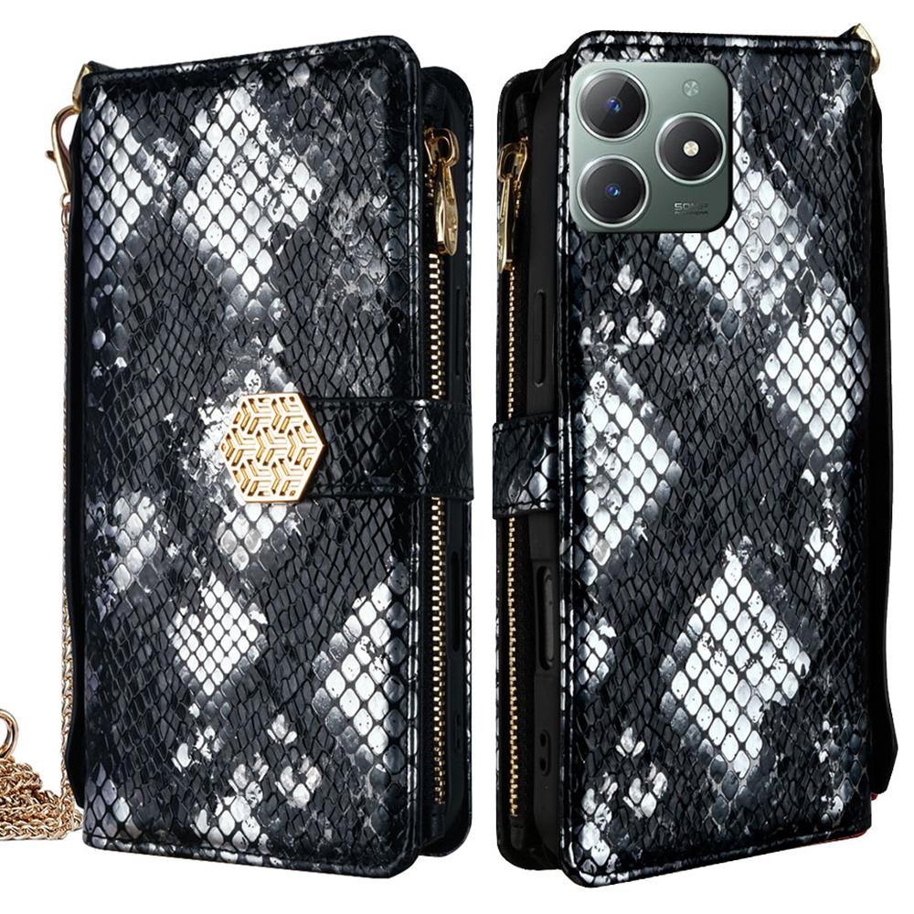 

For Realme C61 4G Case Snake Skin Texture PU Leather Phone Wallet Cover with Shoulder Strap Black