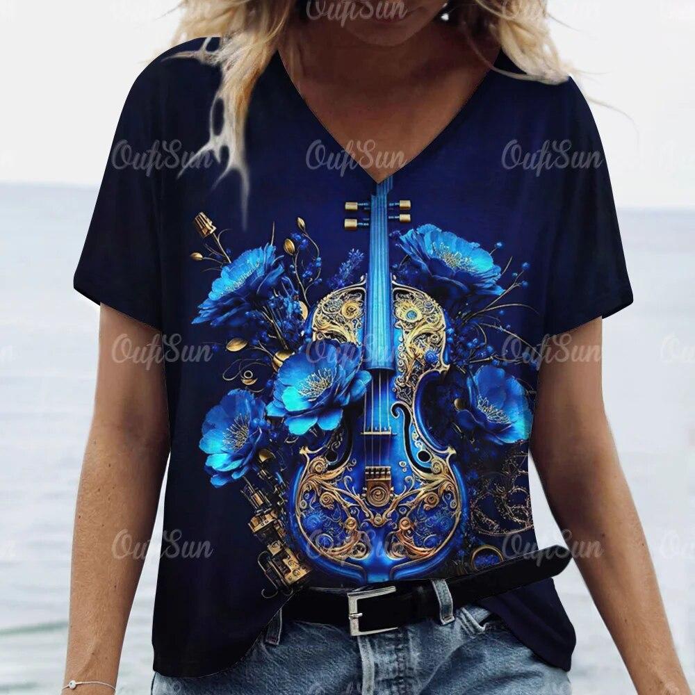 Aesthetic V Neck Women T-Shirts Guitar Graphic Fashion Short Sleeve Harajuku Y2k Floral Tops Oversized Casual Tee Female Clothes