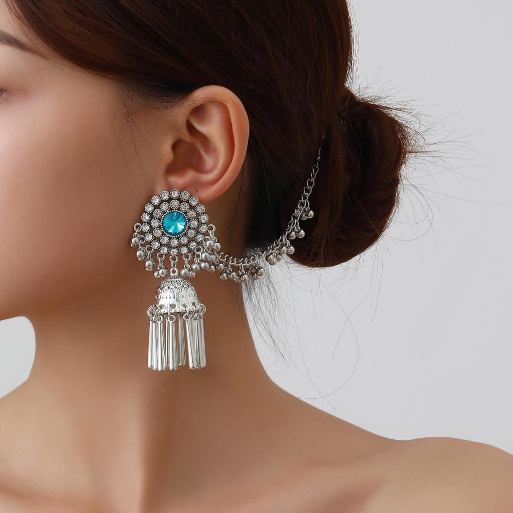 Bohemian Turquoise Pearl Tassel Earrings with Rhinestone Bell Studs In Ethnic Light Luxury Style