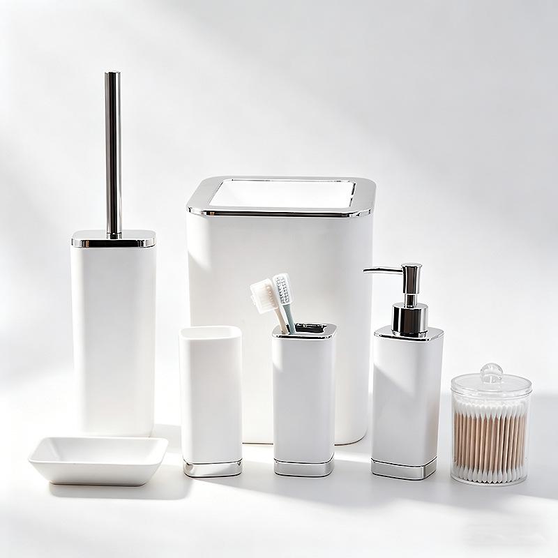 Bathroom Essentials Set: Soap Dispenser, Toothbrush Holder, Cup, Cotton Swab Holder, Soap Dish, Toilet Brush, Trash Can with Lid.