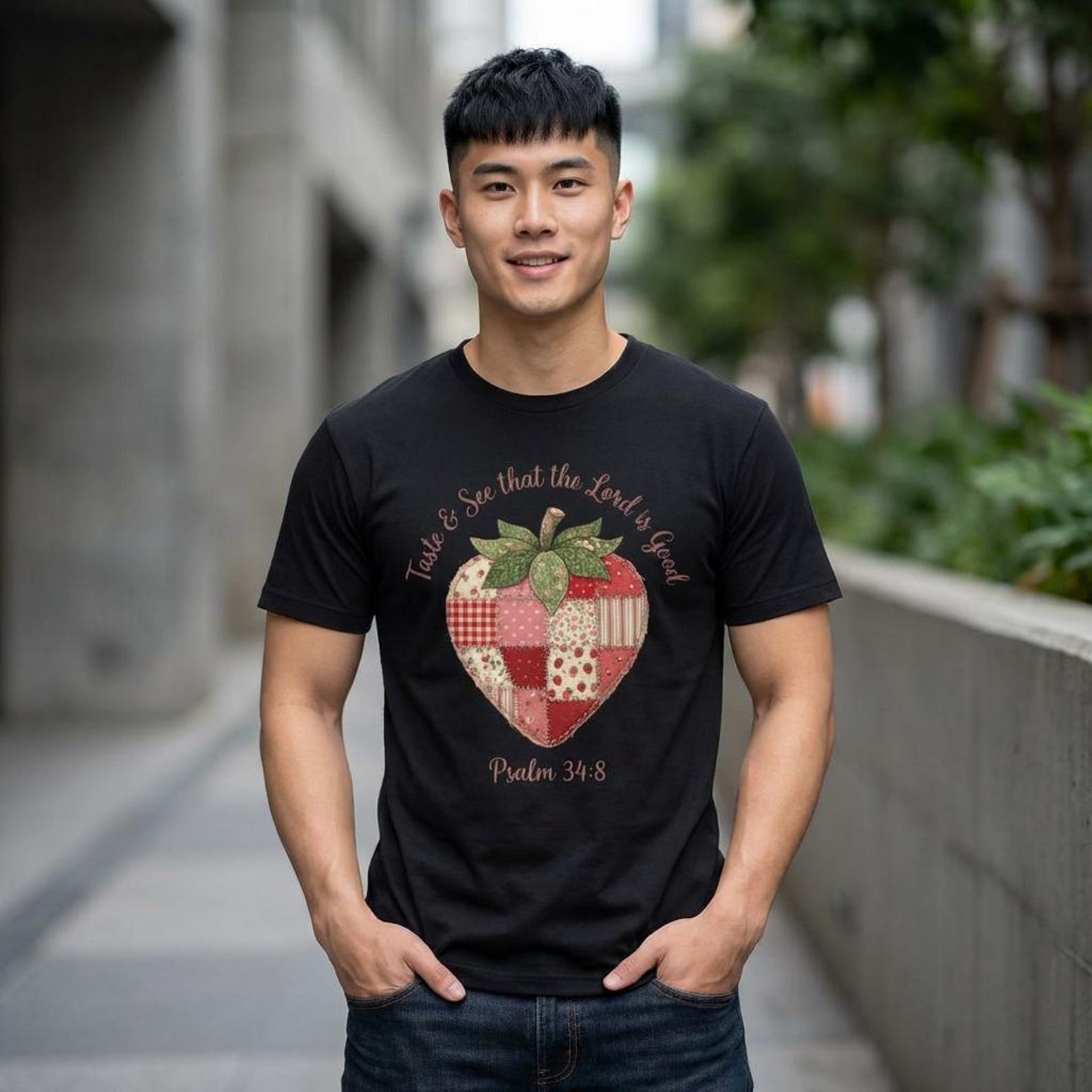 Taste and See that the Lord is Good Psalm 34:8 T-Shirt; Strawberry Patchwork Christian Tee; Elegant Scripture Faith Gift S
