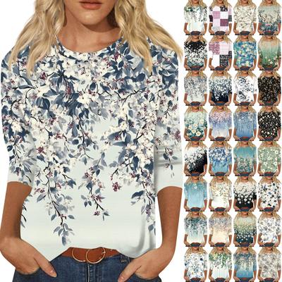 Women's Fashionable Casual Three Quarter Sleeve Printed Collar Pullover Top