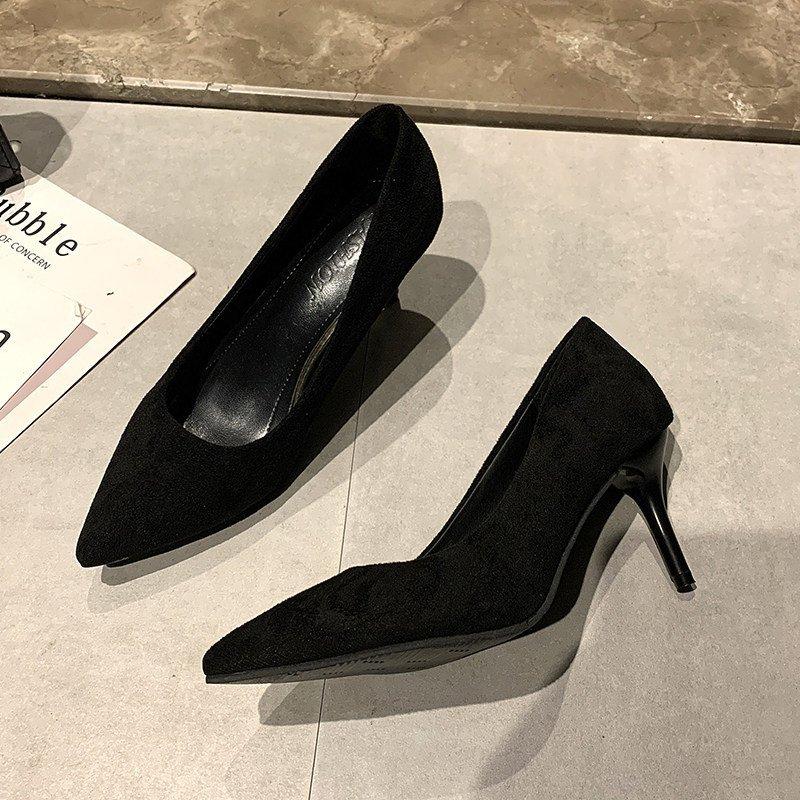 

High heels women s spring and autumn black thin heels pointed head light mouth suede professional shoes large size etiquette shoes 34