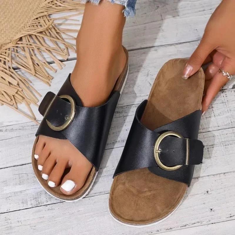 

Fashion Ladies Shoes 2025 New Brand Basic Casual Slippers Women Fashion Belt Buckle Summer Footwear Plus Size Women s Solid Flat Sandals 35