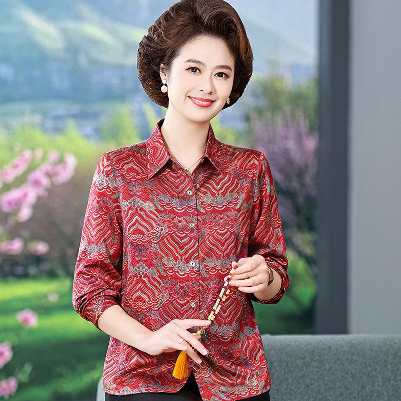 

Summer 2026 Silk Long-Sleeve Shirt for Women Over 60 3XL (120-135 lbs) червоний