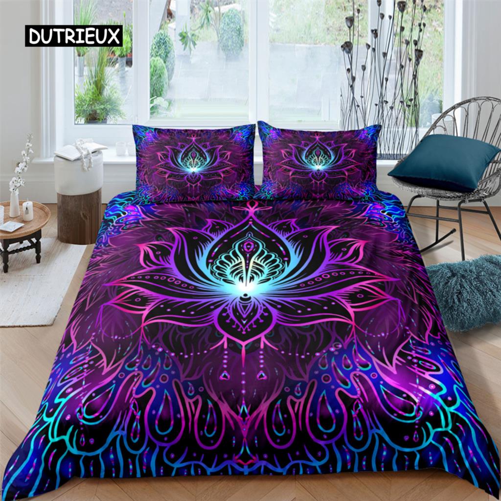 2/3dílná Sada na postel Bohemian Lotus Sada povlaku na přikrývku Mandala Květinový povlak na přikrývku Pro dospělé Černá Polyesterová sada ložního prádla Queen King Twin Pro teenagery