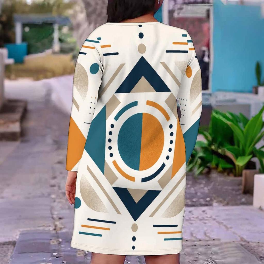 Women Plus Size V Neck Long Sleeve Printed Fitted Straight Dress
